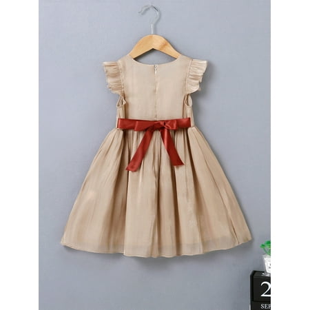 Apricot Toddler Girls Square Neck Ruffle Sleeve Tie Back Dress Cute 90 S040E