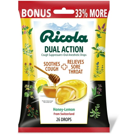 Ricola Dual Action Cough Suppressant & Oral Anesthetic Honey-Lemon Drops, 26 Count