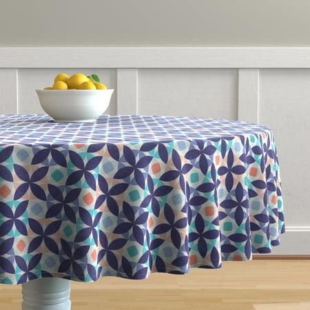 Round Tablecloth Mid Century Modern Floral Abstract Retro Vintage Cotton Sateen