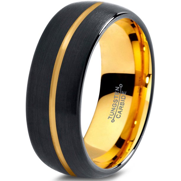 Tungsten Wedding Band Ring 8mm for Men Women Black & 18K Yellow Gold Plated Center Line Dome Brushed Polished Lifetime Guarantee
