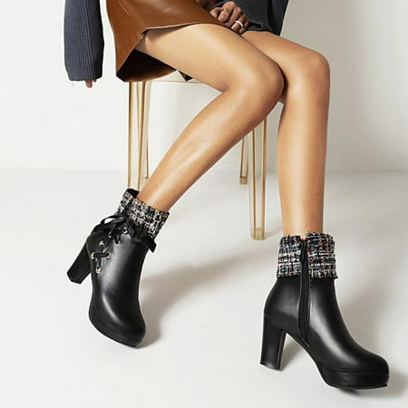Lace-up Bow Fold-over Side Zip Round Toe Mid-heel Ankle Boots