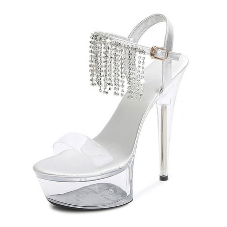 IELGY Women s fringed sandals stiletto heel super high heel flat buckle strap