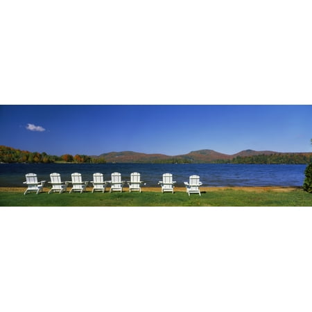 Adirondack chairs at lakeside Blue Mountain Lake Adirondack Mountains New York State USA Stretched Canvas - Panoramic Images (12 x 36)