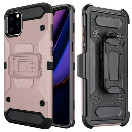 Apple iPhone 11 Pro Max Case, by Insten Robust Rugged Dual Layer Hybrid Stand Hard Snap-in Holster Case Cover For Apple iPhone 11 Pro Max - Rose Gold