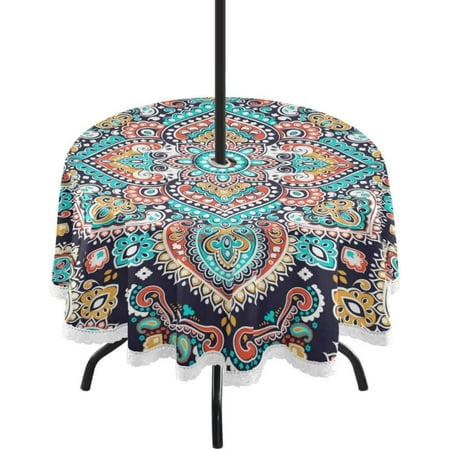 

Hyjoy Bohemian Mandala Outdoor Round Tablecloth Waterproof Stain-Resistant Non-Slip Circular Tablecloth 60 Inch with Umbrella Hole and Zipper for Tabletop Backyard Party BBQ Decor
