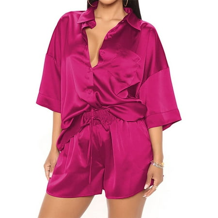 Jusddie Ladies Pajamas Elastic Waist Casual Nightgown Set Lapel Neck Joggers Sleepwear Half Sleeve Daily Wear Rose Red L
Jusddie Ladies Pajamas Elastic Waist Casual Nightgown Set Lapel Neck Joggers Sleepwear Half Sleeve Daily Wear Rose Red L