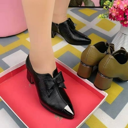 Women‘s Bow Tie Decor Pumps Closed Toe & Pointed Toe Slip On Shoes Chunky Heeled Ankle Shoes