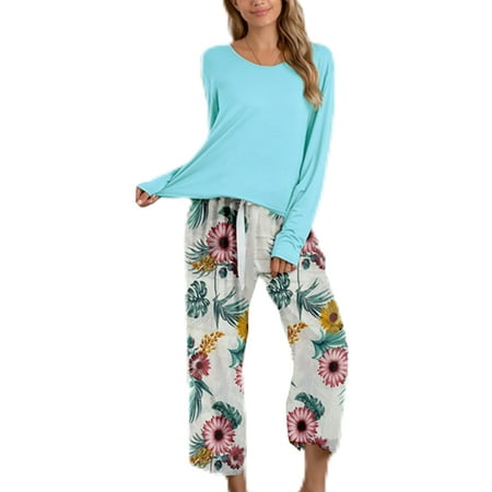 

Capreze Pajama Set for Womens Long Sleeve Sleepwear Scoop Neck Pjs Lounge Sets Light Green 3XL