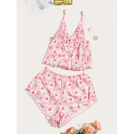 Casual Heart & Floral Print Pajama Set V Neck Slip Top & Lettuce Trim Elastic Waistband Shorts Women‘s Sleepwear & Loungewear
Casual Heart & Floral Print Pajama Set V Neck Slip Top & Lettuce Trim Elastic Waistband Shorts Women‘s Sleepwear & Loungewear