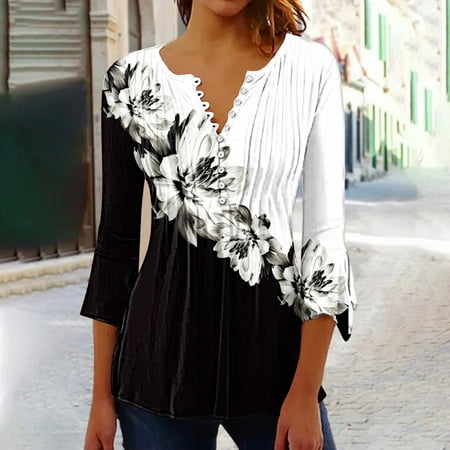 Sizzling Savings Clearance WXLWZYWL Women s Casual Trumpet 3/4 Sleeve Printed Buttoned Basic Ruched Corset Tunic Tops Pleated T-shirts Blouses