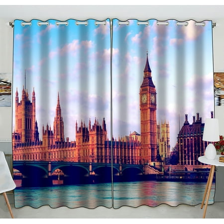 PHFZK Cityscape Window Curtain, London Elizabeth Tower Big Ben UK Landscape Window Curtain Blackout Curtain For Bedroom living Room Kitchen Room 52x84 inches Two Piece