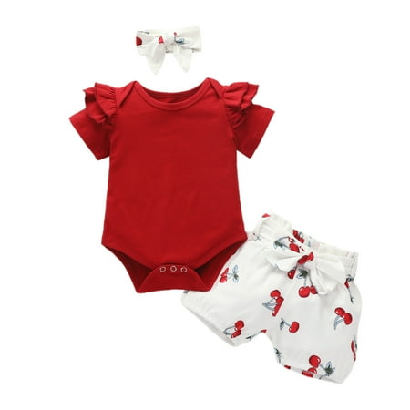 EHTMSAK Infant Baby Toddler Girl 3PCS Outfits Bow Bodysuit and Floral Shorts Set Summer Ruffle Clothing Set Short Sleeve with Headband Red 3M-18M 80