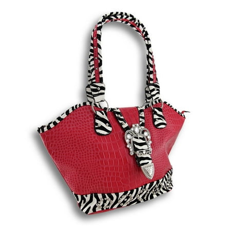 Glossy Fuchsia Mock Croc Bucket Bag Zebra Trim, Rhinestone Buckle