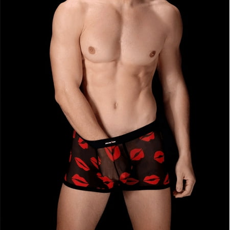Toyella Men s Underwear Transparent Fine Mesh Printed Lips Black XL