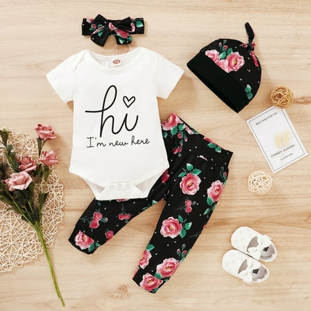 Actoyo Infant Baby Girl Romper Pants Headband Hat Clothes Outfit Set 6-12 Months