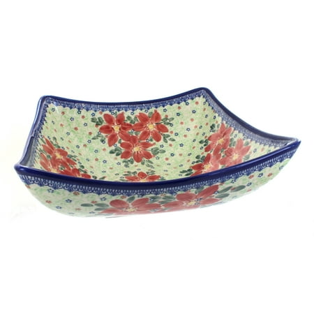 Blue Rose Polish Pottery Poinsettia Large Square Bowl