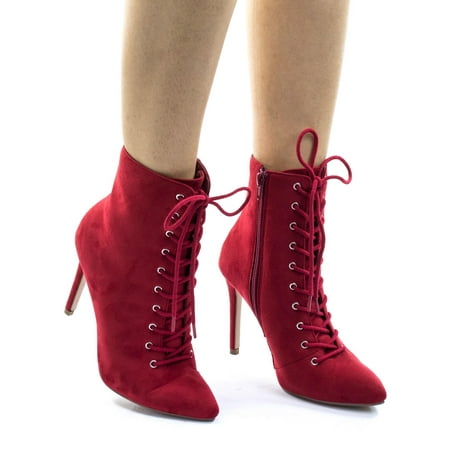 Stain by Delicious, High Heel Combat Lace Up Ankle Bootie w Pointed Toe & Corset