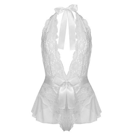 

RQYYD Clearance Lingerie for Women Lace Sheer Mesh Teddy Bodysuit Halter V Neck One Piece Lingerie Babydoll(White XXL)