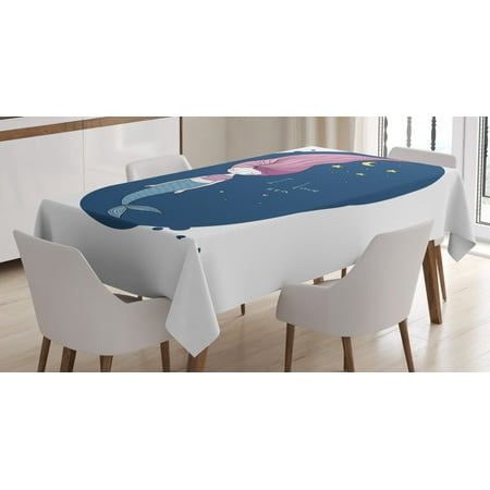 Mermaid Tablecloth I Love Sea Theme Fantastic Cartoon Girl with Long Pink Hair Stars and Moon Rectangular Table Cover for Dining Room Kitchen 60 X 90 Inches Blue Pink Yellow by Ambesonne
