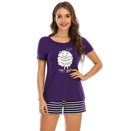Women s Summer Thin Pajamas Set Round Neck Cartoon Print Short Sleeve Tops With Stripe Shorts Two Pieces Suit Purple XXL
Women s Summer Thin Pajamas Set Round Neck Cartoon Print Short Sleeve Tops With Stripe Shorts Two Pieces Suit Purple XXL