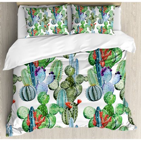 Ambesonne Different Cactus Types Watercolors Style Display Spring Field Foliage Artwork Duvet Cover Set