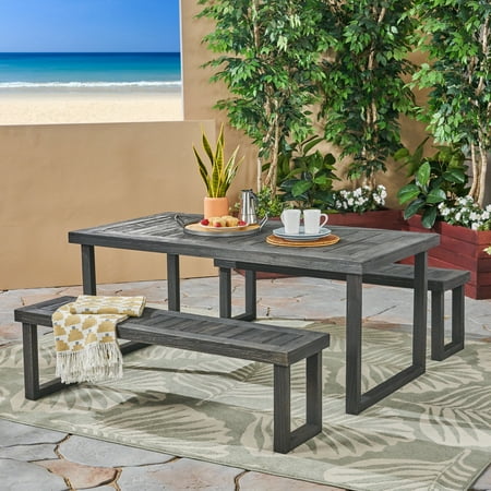 Zoe Outdoor 3 Piece Acacia Wood Picnic Set, Dark Gray