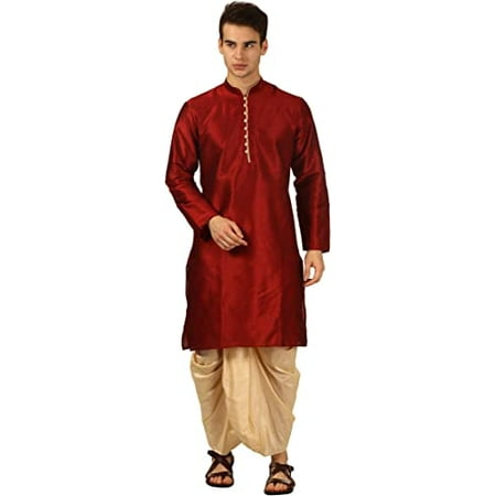 Royal Kurta Mens Silk Blend Loop Button Kurta And Dhoti Set (36 Maroon)