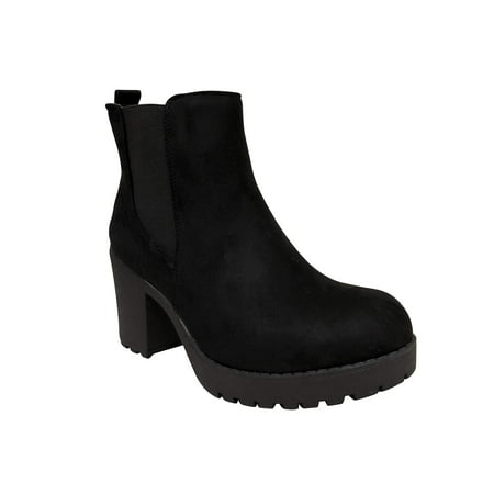 REFRESH CLUB-01 Elastic Panel Brown Slip On Chunky Heel Ankle Booties Black Suede