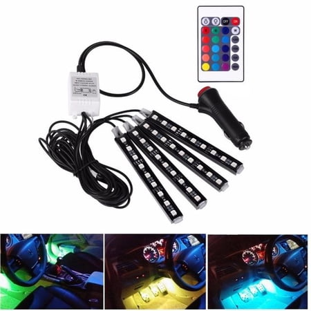 4Pcs 9LED RGB Remote Control Colorful Car Interior LED Strip Decoration Atmosphere Light Strips