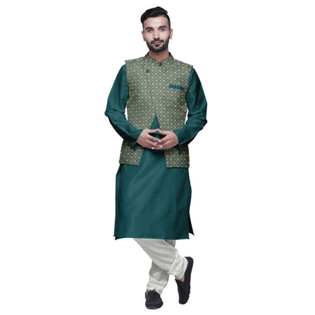 Atasi Indian Mens Kurta Churidar Pajama Jacket Set Solid Ethnic Wear For Men