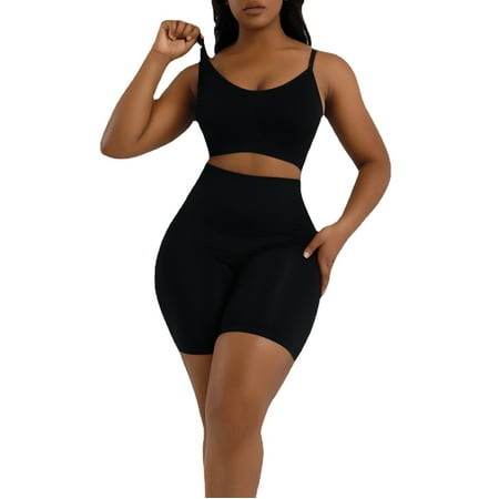 Women s Shapewear Bodyshorts 2 Piece Bodycon Butt lifter Jumpsuit Tummy Control Seamless Body Shaper (Black S)