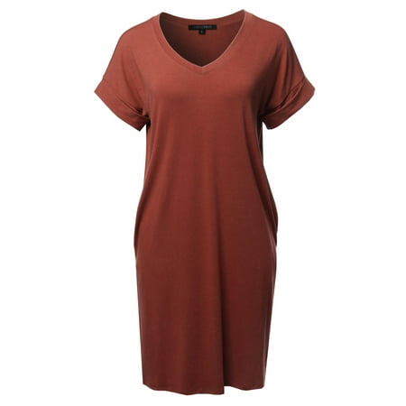 FashionOutfit Women's Solid Short Sleeve Stretchy Loose fit V-neck Tunic Dress