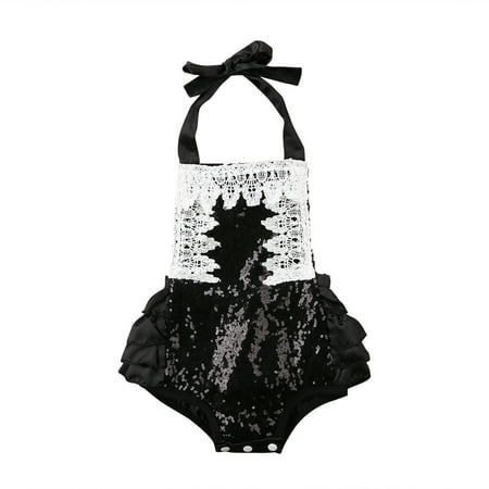 Gueuusu Girls Sleeveless Romper Sequined Lace Ruffled Square Neck Jumpsuit
