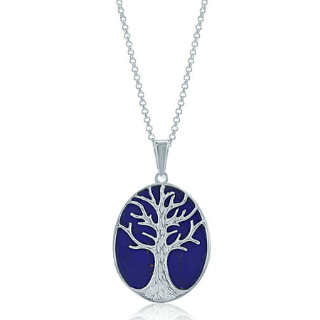 Beaux Bijoux Sterling Silver Lapis Tree of Life Oval Pendant with 18 Chain (Multiple colors available)