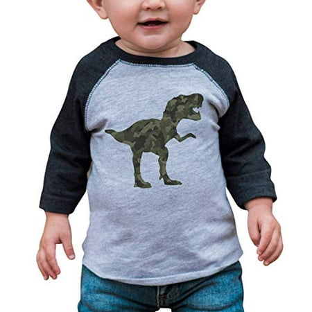 7 ate 9 Apparel Kids Green Camo Dinosaur Grey Raglan