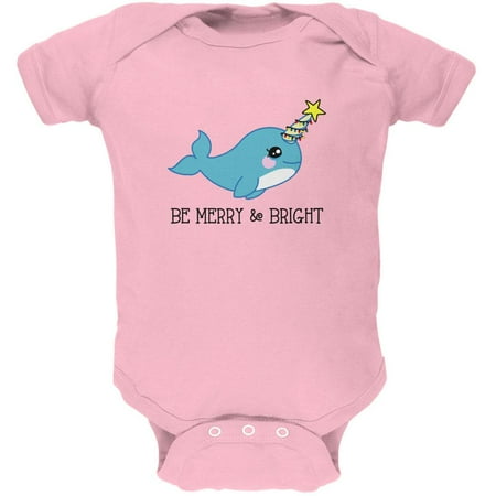 Christmas Narwhal Be Merry and Bright Soft Baby One Piece Light Pink 3-6 M