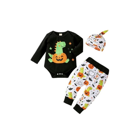 

ZIYIXIN 3Pcs Newborn Baby Boy Girl Halloween Outfits Dinosaur Pumpkin Romper Tops Pants and Hat Clothes Black White 3-6 Months