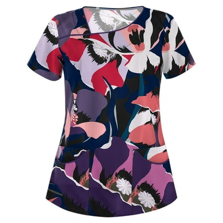 QAZXD Womens Summer Scrubs Tops V-Neck Short Sleeve Printed Blouse S-3XL with Two Pockets Black