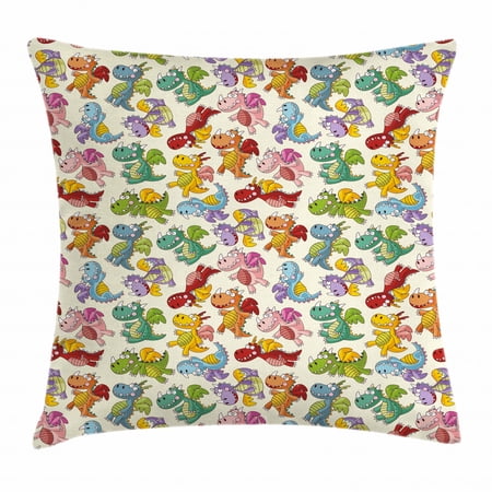 Kids Throw Pillow Cushion Cover, Cartoon Fire Dragons Silly Expressions Colorful Flying Fantasy Fairy Tale Characters, Decorative Square Accent Pillow Case, 16 X 16 Inches, Multicolor, by Ambesonne