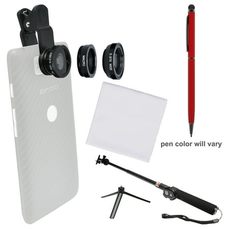Zuma 3-in-1 Clip-on Fisheye, Macro & .67x Wide-Angle Lens Set for Smartphones & Tablets with Selfie Stick + Stylus Pen + Cleaning Cloth + Kit