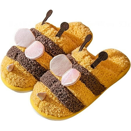 shuwee Women Cute Bee Slippers Soft Fluffy Plush Fur Cozy House Slide Warm Memory Foam Anti-Slip Shoes