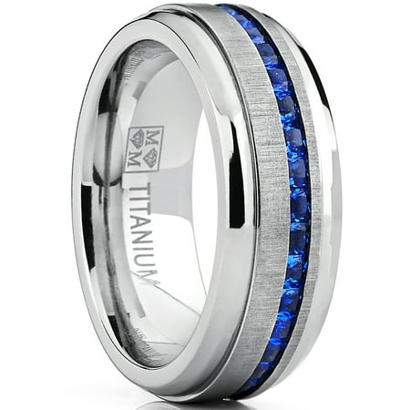 Men's Titanium Wedding Band Engagement Ring W/ Blue Simulated Sapphire Cubic Zirconia Princess CZ