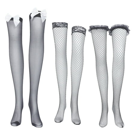 3 Pairs Women Fishnet Thigh-High Stockings Bow Tights Pantyhose Stockings