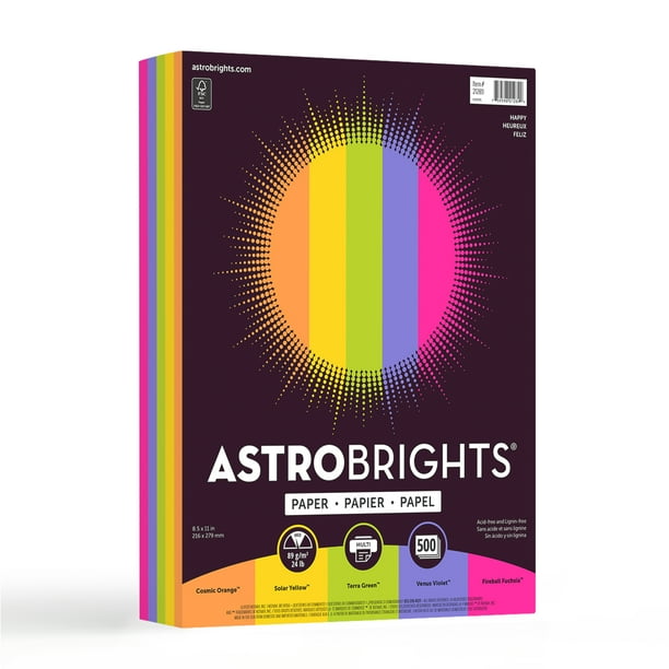 Astrobrights Color Paper, 8.5" x 11", 24 lb/ 89 gsm, "Happy" 5-Color Assortment, 500 Sheets