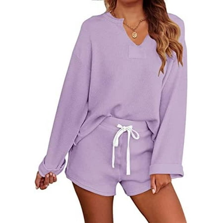 singreal Women s Long Sleeve Pajama Set Henley Knit Tops and Shorts Sleepwear Loungewear
