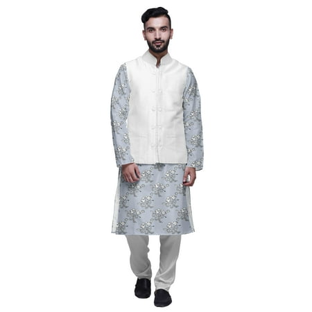 Atasi Mens Kurta Pajama Jacket Indian Mandarin Collar Printed Ethnic Wear Set