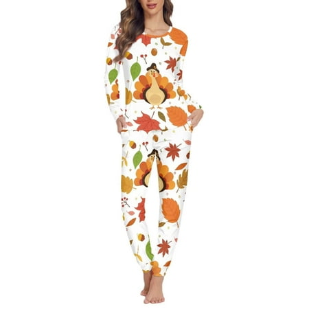 

Pzuqiu Two Piece Women Nightwear Pajama Sets 2PCS with Top/Pants Loose Fitting Soft Thanksgiving Clothing Maple leaves Turkey Loungewear Fit for Spring Fall Winter for Relaxed Home Time Size 3XL