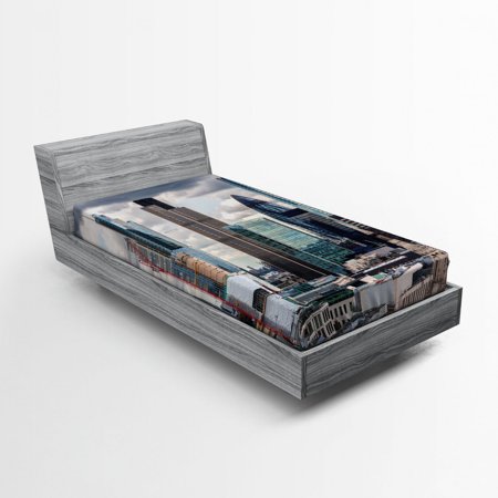 Urban Fitted Sheet London England Skyline Buildings and Skyscrapers and Cloudy Sky Modern Capital City, Soft Decorative Fabric Bedding, Multicolor, by Ambesonne