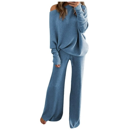 

Ladies Casual Solid Color Pajamas One Shoulder Ladies Knit Suit Sweaters Sets For Women Lounge Sets Boatneck Long Sleeve Knit Tops And Drawstring Casual Knitted Pants Solid 2 Piece Outfits