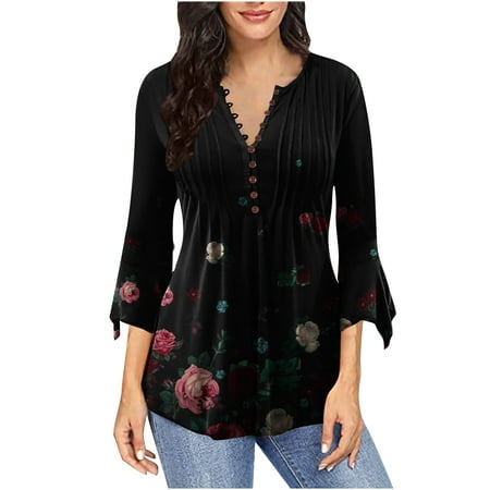 

Round Neck Blouses for Women 3/4 Length Sleeves Women s Casual Trumpet 3/4 Sleeve Printing Buttoned Basic Ruched Corset Tunic Tops Pleated T-shirts Blouses Casual Long Sleeve Tops